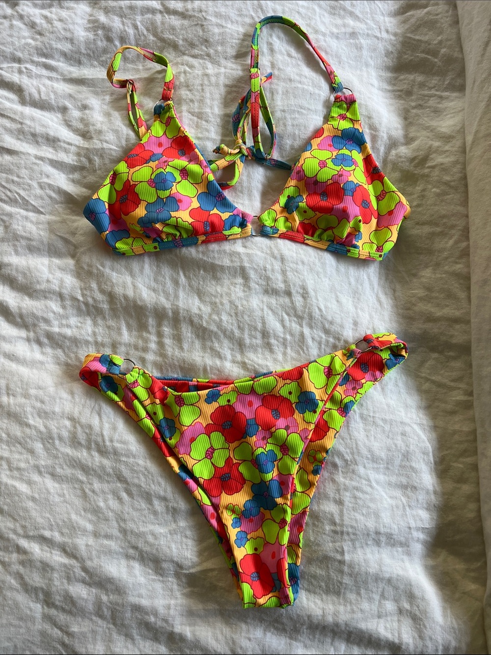 Zaful Floral Bikini in Neon Yellow, Red, Blue, Green